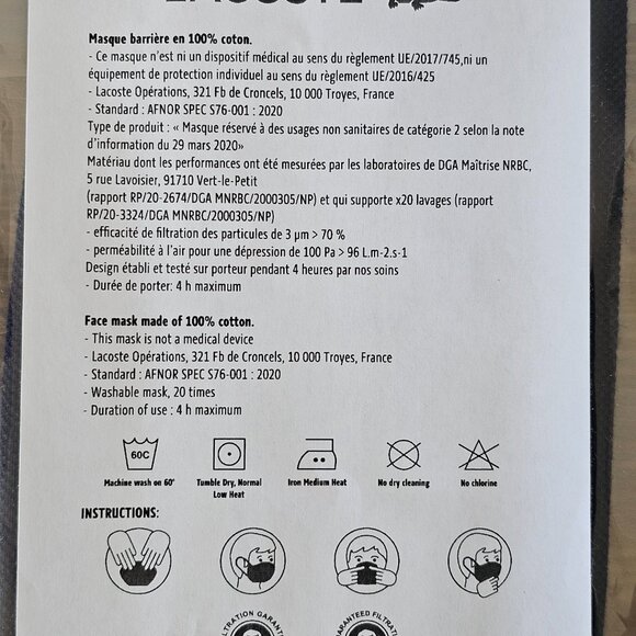 NIP LACOSTE Navy Blue Pique Cotton Ear Loop Face Mask Unisex One Size OS - Picture 4 of 5
